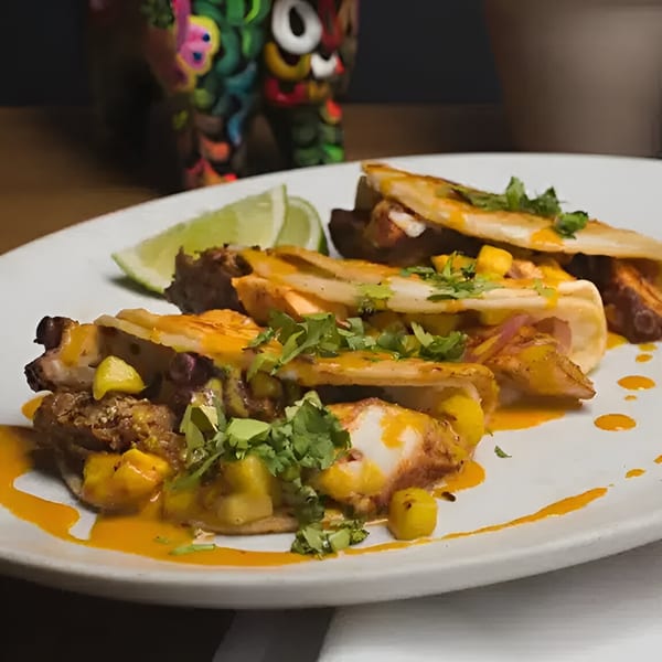 Three tacos with mango salsa, cilantro, and orange sauce, served with lime wedges on a white plate.